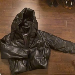 Zara Black Leather Puffer Coat